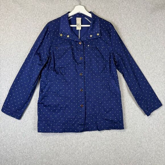Chicos Womens Size 2 US 12/14 Utility Jacket Button Front Blue White Polka Dot - Picture 1 of 6